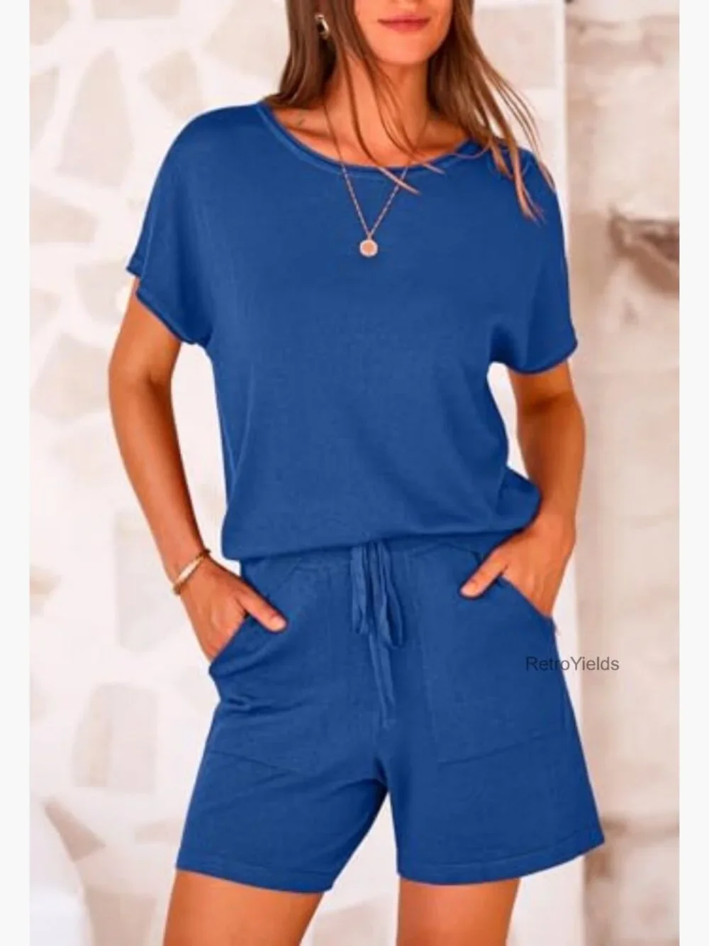 Two Piece Lounge Set Shorts Short Sleeve Top Knitted Matching Travel Vacation